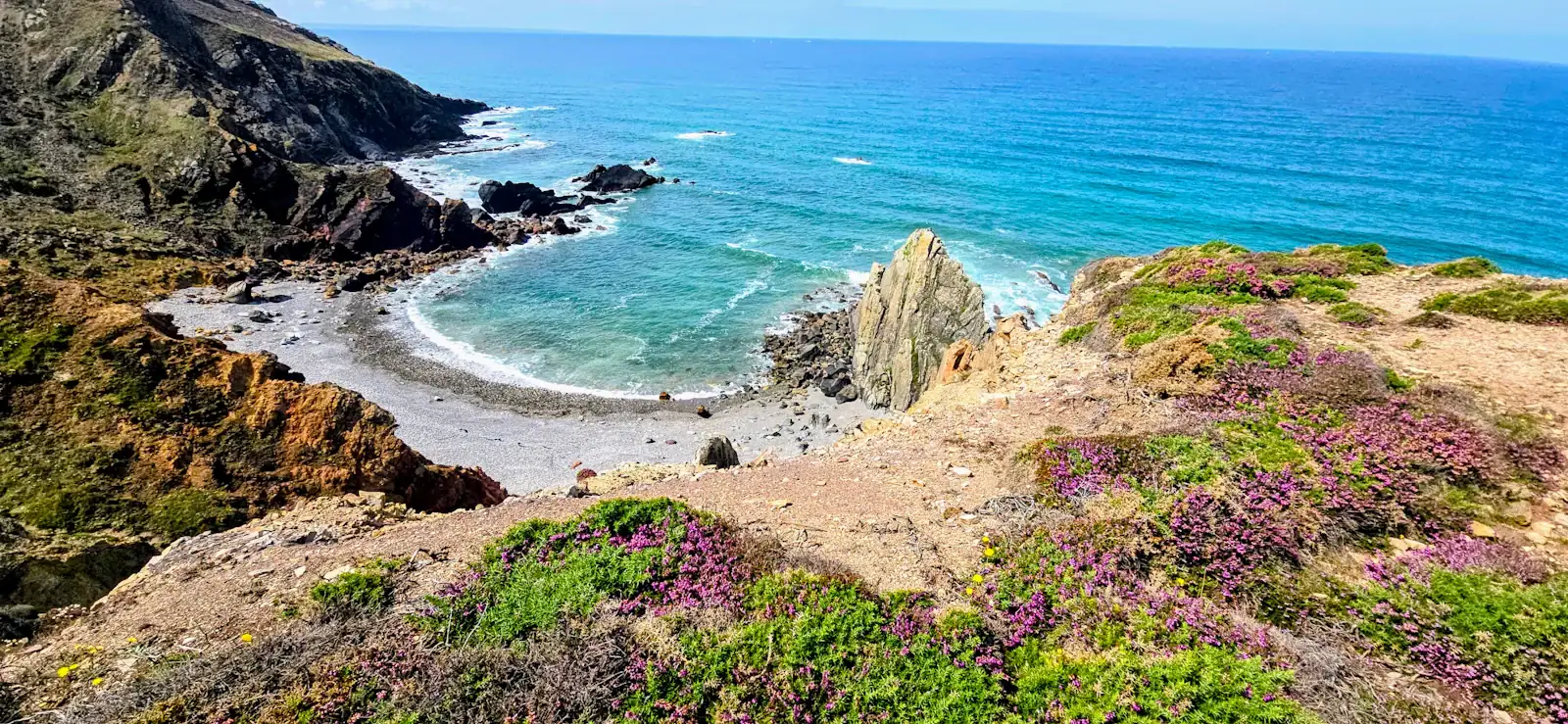 Crique aux eaux turquoise bordée de bruyère, en Presqu’île de Crozon